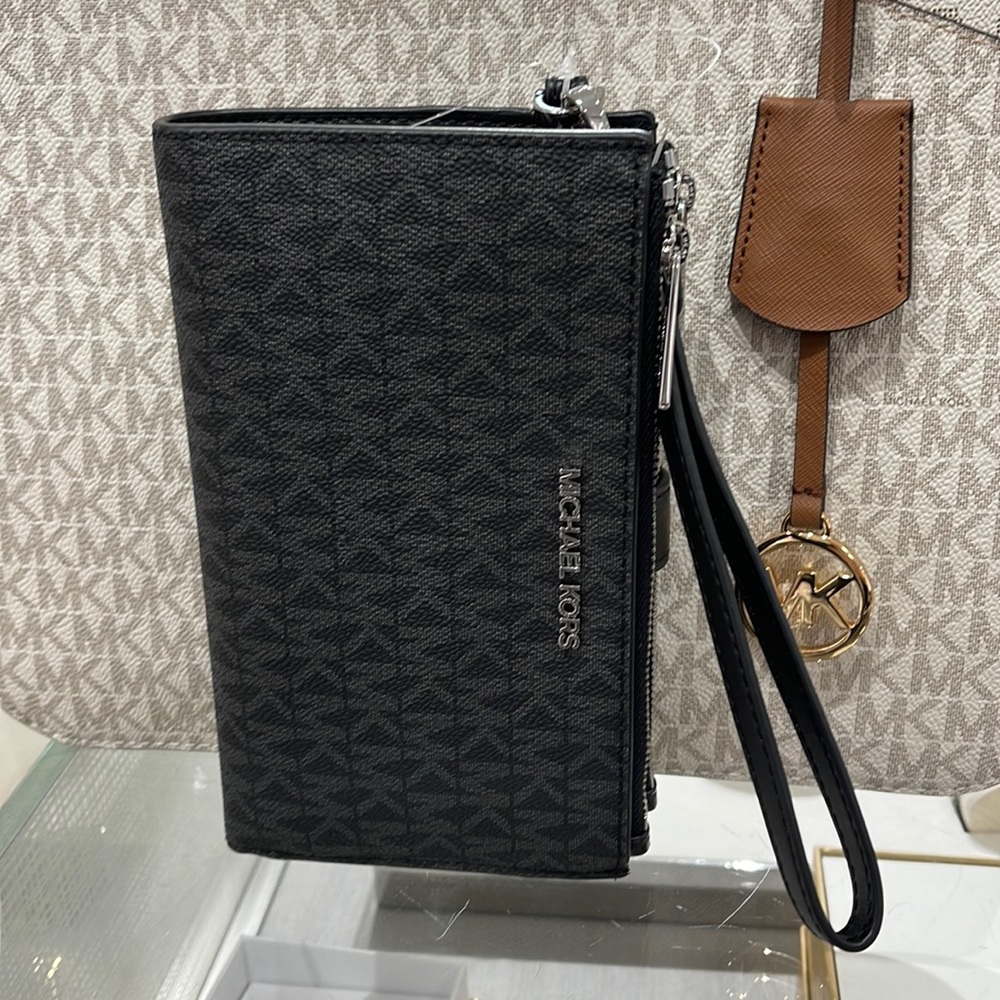 Michael Kors Jet Set Travel Large Double-Zip Wristlet-Wallet-PhoneHolder Black